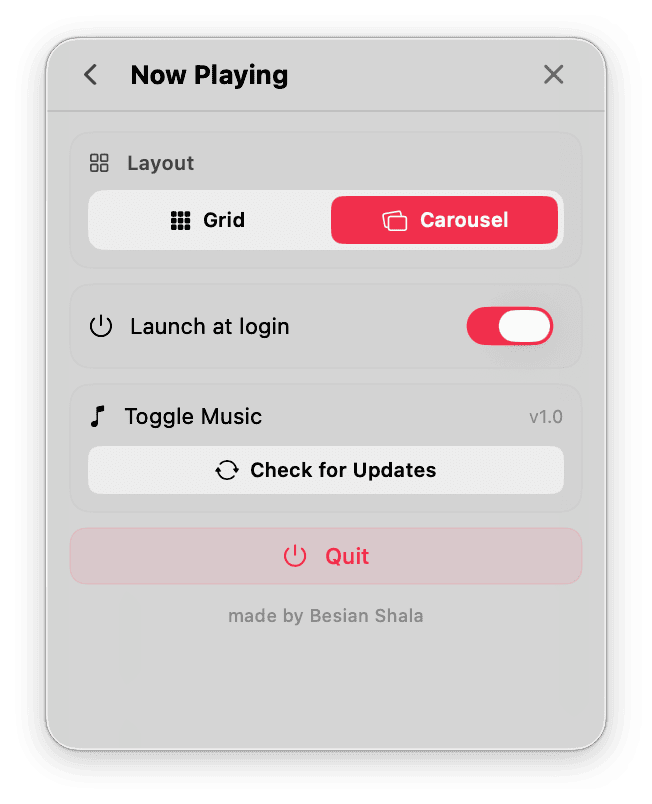 Settings panel